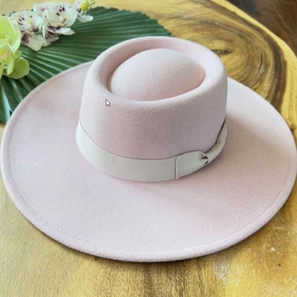 Wide Brim Boater Hat with Ribbon - Structured Faux Felt Hat - Picture 4 of 5